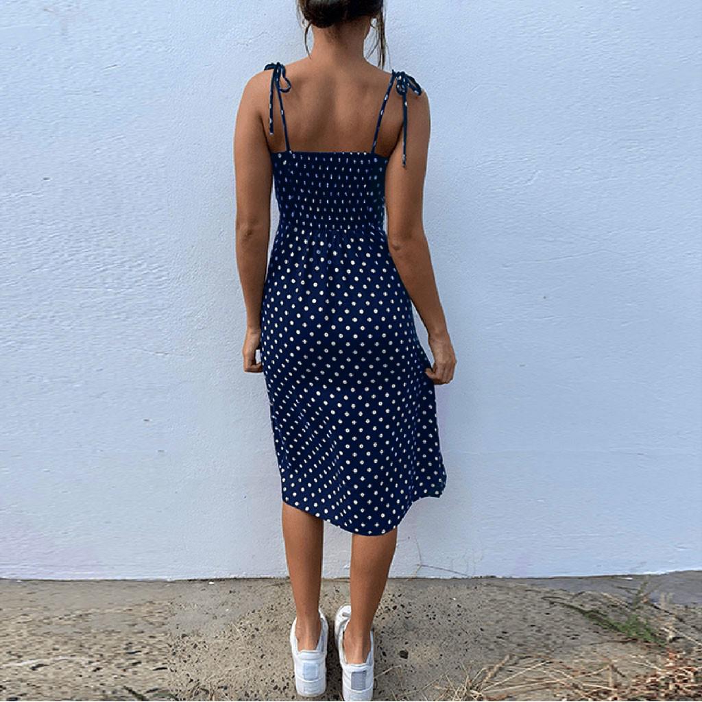 Womens Fashion Causal Dot Sleeveless High Waist V-Neck Dress