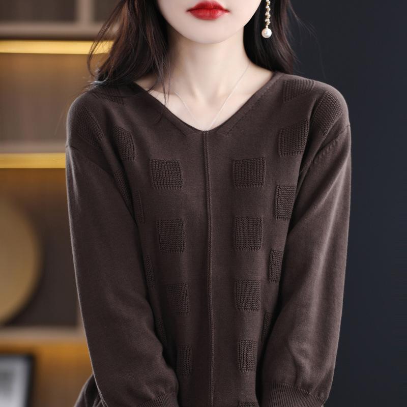 

DAFIFY Женская мода повседневная осень-зима однотонный принт длинный рукав V-образный вырез свитера Size: One Size темно-коричневого