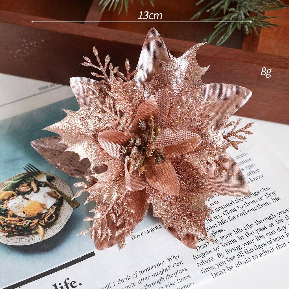 13cm Glitter Artifical Christmas Flowers Merry Christmas Tree Decoration Happy New Year Ornaments Xmas Fake Flowers Gifts