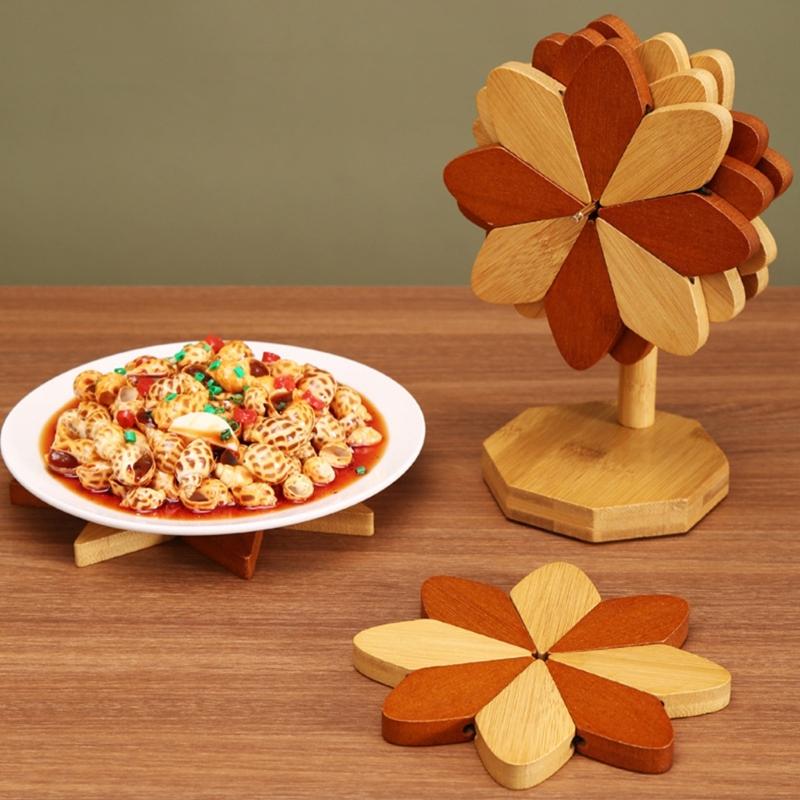 Heat Resistant Wooden Trivet Set Countertop Protectors Natural Wood Pinwheel Shape Placemat For Hot Dishes Pots Pans