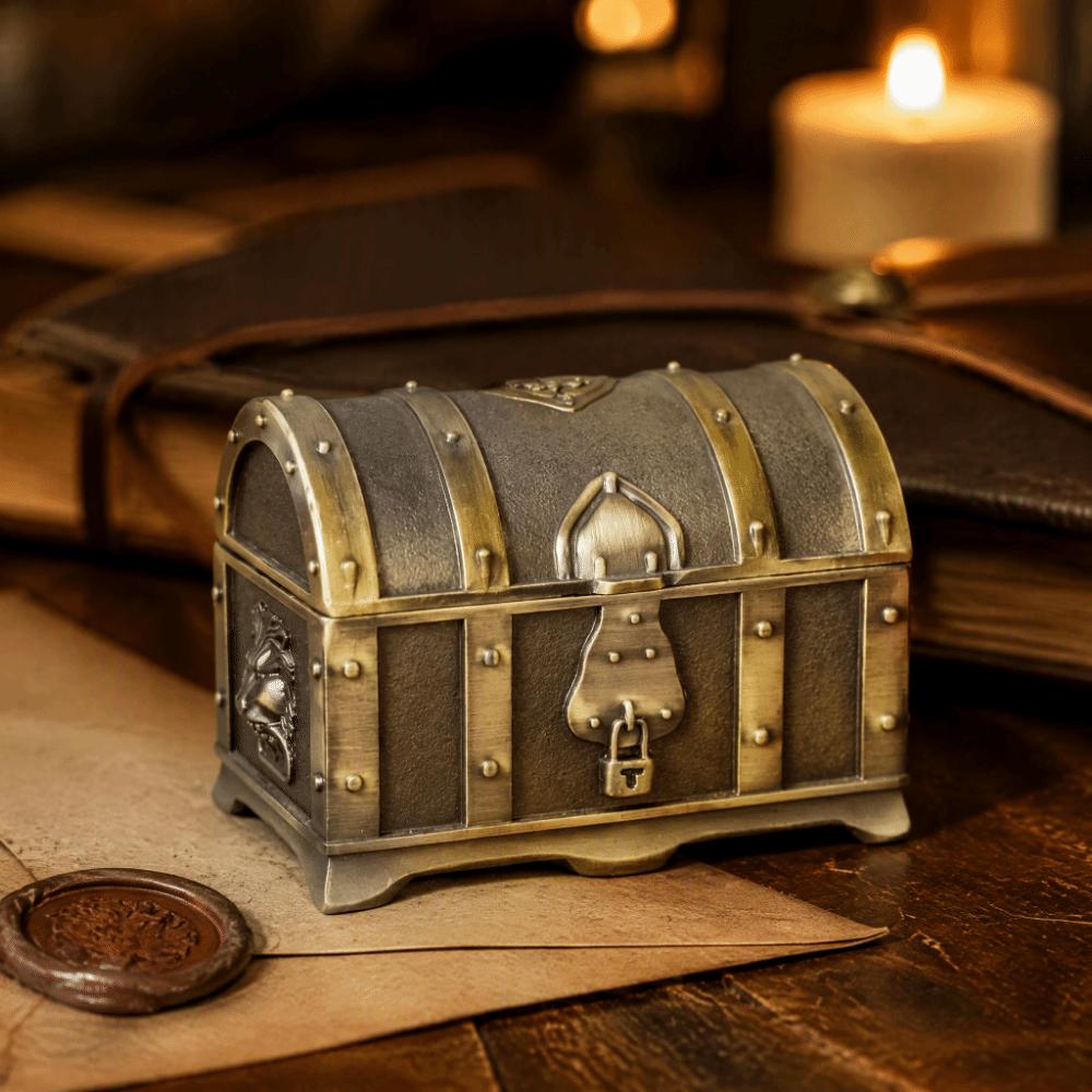 Zinc Alloy Jewelry Storage Case Engraved Pattern Metal Treasure Chest Dresser Tabletop