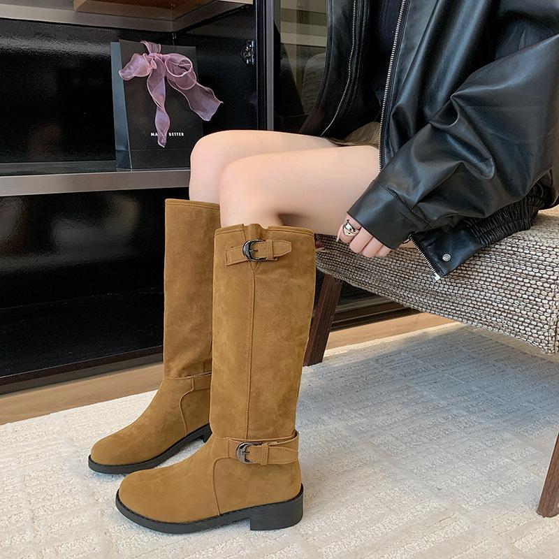 Cowhide Version~ Dong Jie's Same Splicing Pile Boots for Women's Autumn and Winter 2025 New Knight Boots Retro Wind Boots