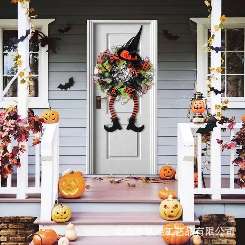 Halloween Door Wreath Decor With Striped Witch Legs Hanging Garland Party Home Decoration