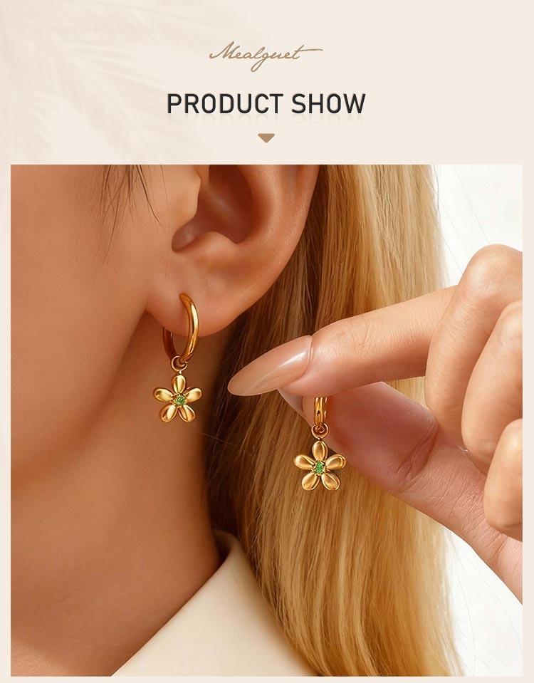 Vintage Luxury Zircon Flower Charms Huggies Hoop Earrings,18k Gold Plated Stainless Steel Earrings, Christmas Gift for Her