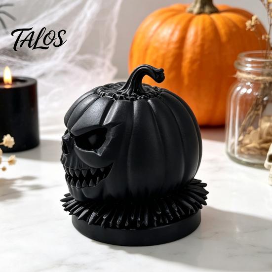 Creative Plastic Figurine Gift 3D Printed Evil Pumpkin Head with Ruffled Collar, Gothic Dark Atmosphere Home Accents Jack O Lantern Statue for