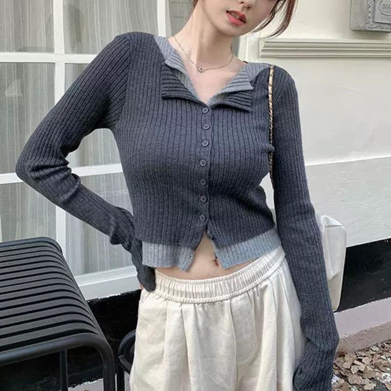 Two Fake V-neck Knitted Cardigans for Women's Autumn and Winter Are Unique and Slimming. Pair Them with A Short Top