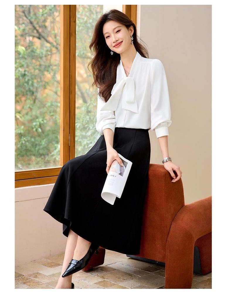 Women's Long Sleeve Blue Bow Chiffon Blouse - Professional French Workwear