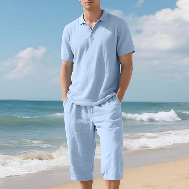 Mens Casual Two Piece Outfit Solid Color Polo Shirt And Capri Pants Set