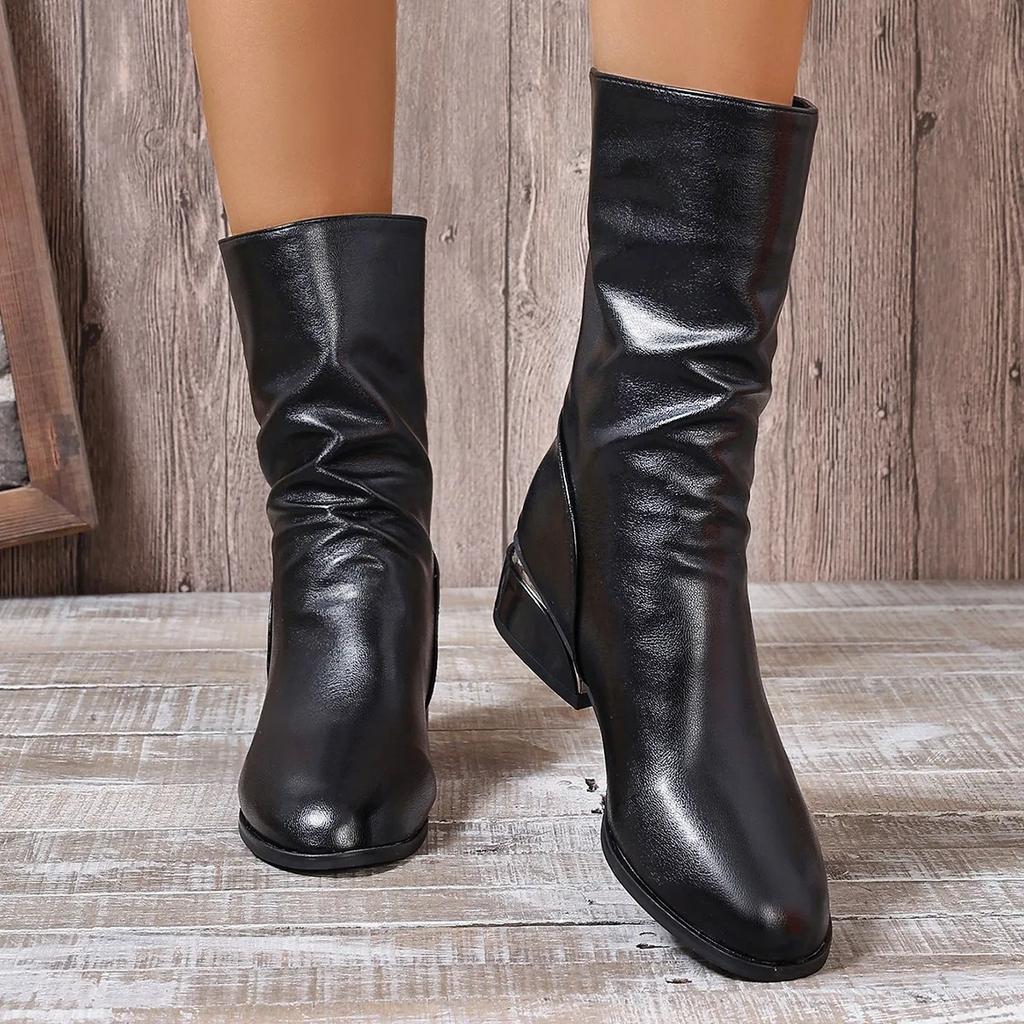 Medium Heel Black Fashion Boots 2024 Not Knee Mid-calf Back Zip British Style Botas Mujer Casual Versatile Winter Shoes Women