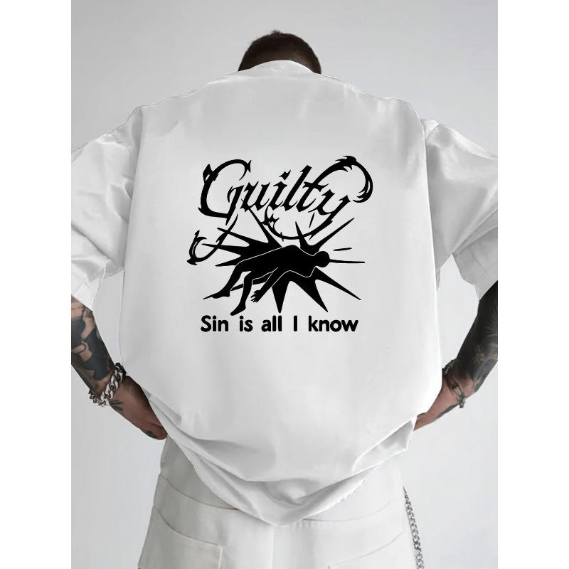 European Size Men's Oversized Drop Shoulder T-Shirt with Guilt Print - Loose Fit Short Sleeve Round Neck Top, Front & Back Graphic Design