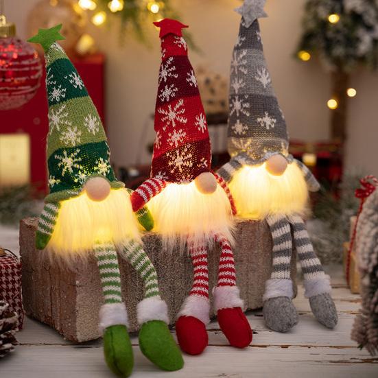 Polyester Stuffed Gnome Collectibles Lighted Christmas Doll, Knitted Figurine with LED Light, Creative Hanging Legs Sitting Ornaments Luminous Desktop
