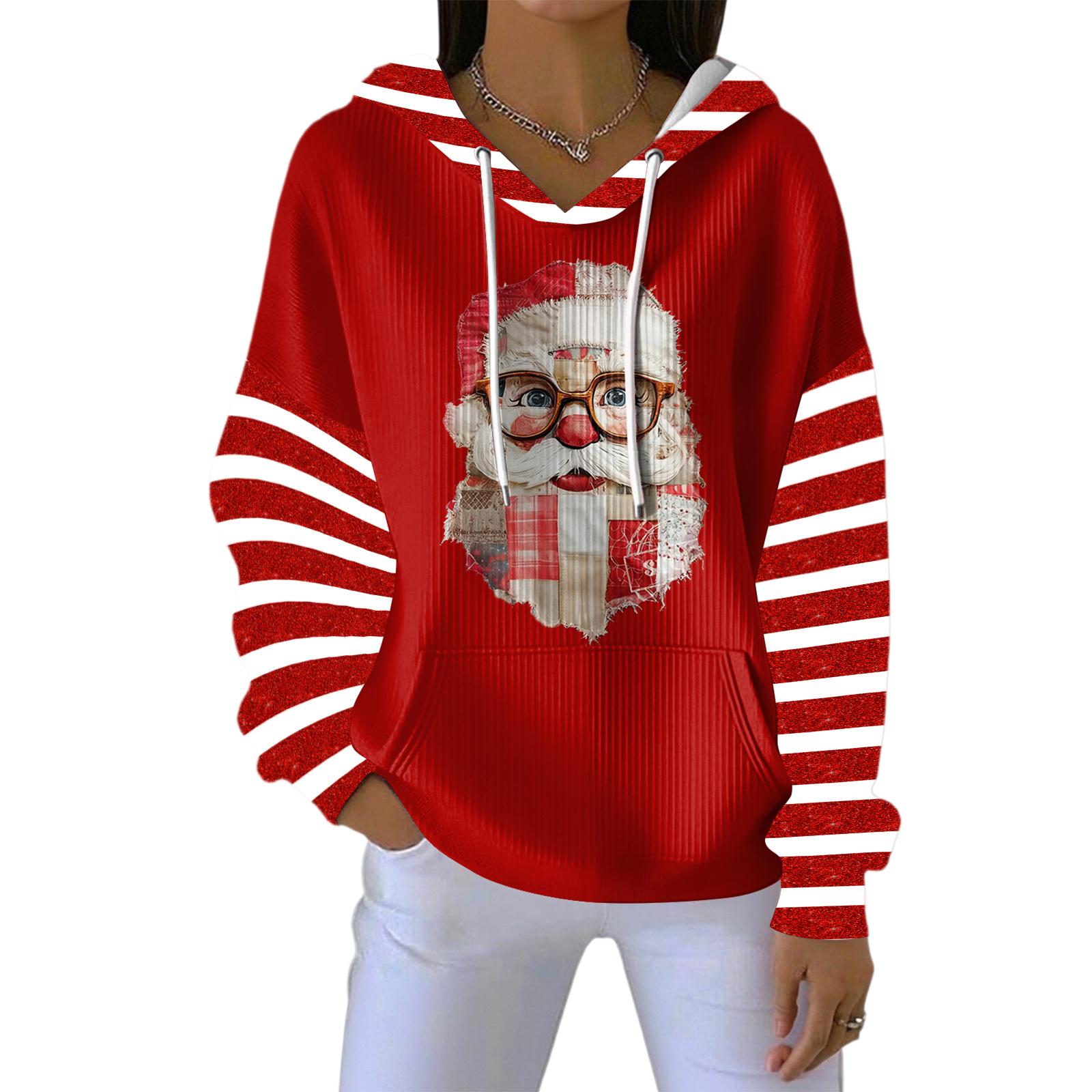 

Женское свободное и удобное худи с V-образным вырезом на кулиске и длинными рукавами с рождественским принтом L киноварь