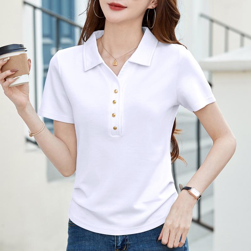 2025 Summer Women's Polo Neck Short Sleeve Korean Style Casual Solid Color Top