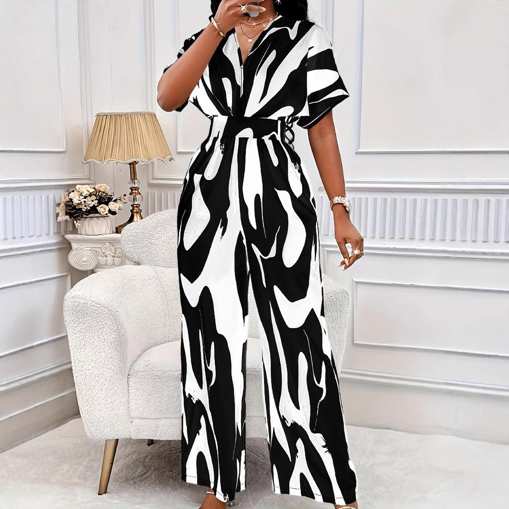 Spring and summer new European and American women's clothing full-body printed wide-leg jumpsuit