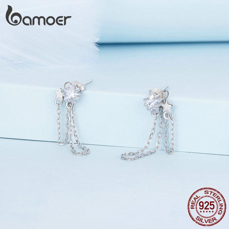 

BAMOER, серьги-капли из стерлингового серебра 925 пробы со звездами и бахромой, двухслойные серьги с кисточками для женщин, подарок на день рождения, изысканные ювелирные изделия 925 silver