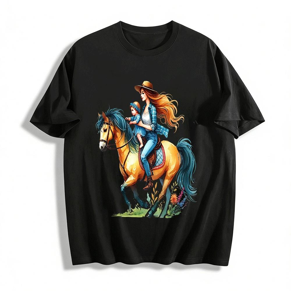 Mother And Toddler Horse Riding Western Style Graphic Tee Pure cotton T-shirt XXS