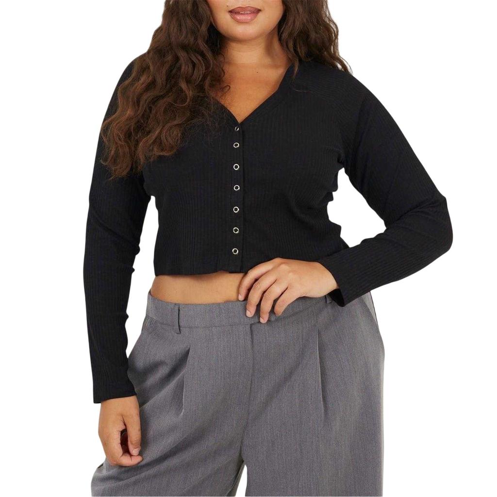 BRAVE SOUL Womens/Ladies Ribbed V Neck Plus Long-Sleeved Crop Top