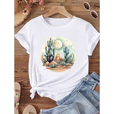 (European Size) Fashion Women Flower Cactus Plant Trend Cute Short Sleeve Clothing Casual T-shirt Female Print Lady Tee Top Graphic T-shirts