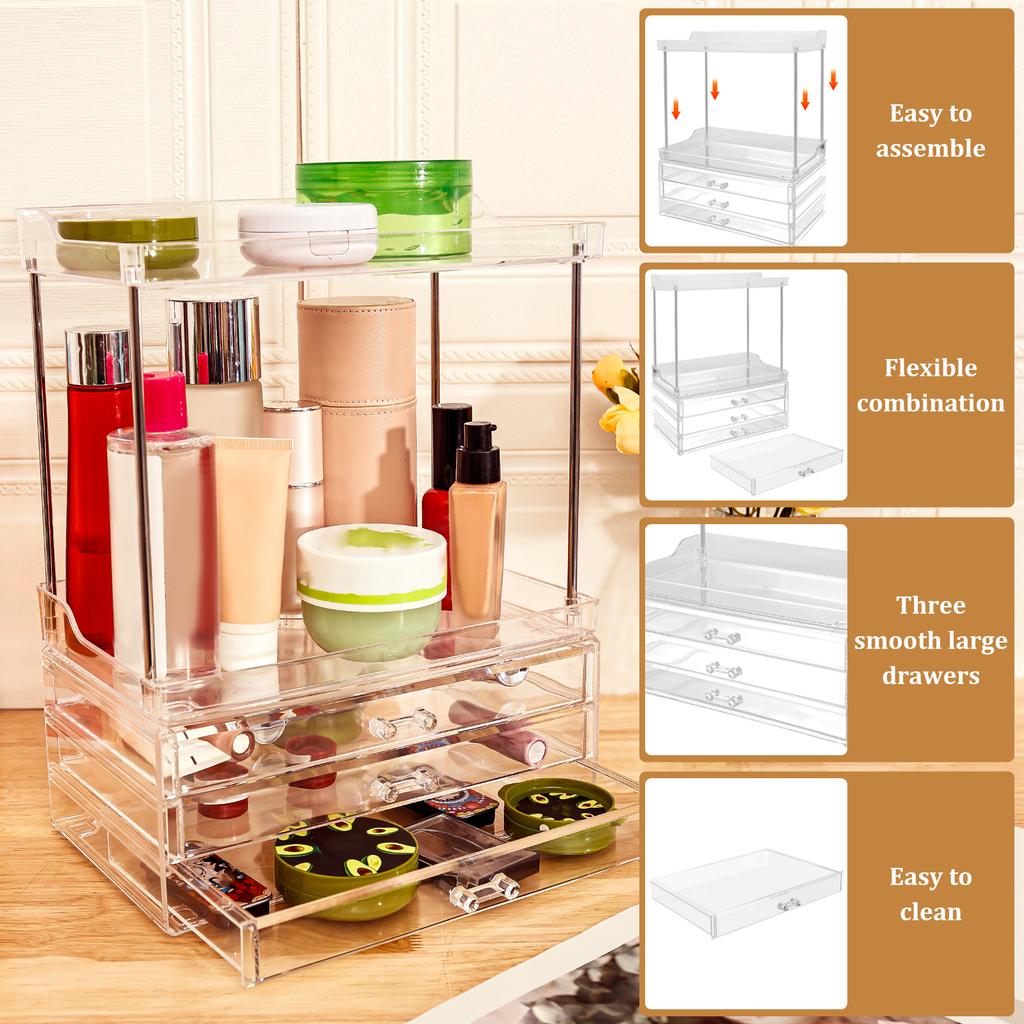 Transparent Countertop Storage Rack Plastic Makeup Storage Box with 3 Tier Drawer Dressing Table Organiser for Bedroom Kitchen