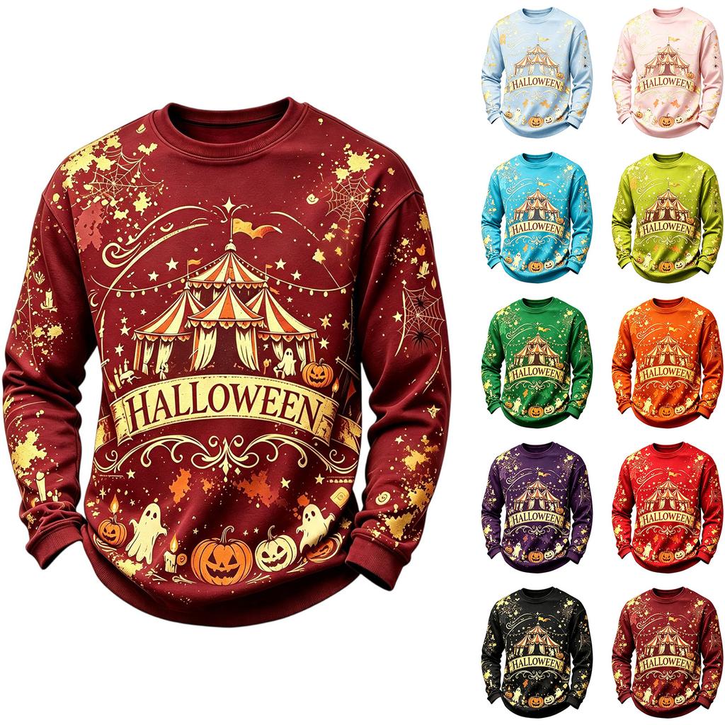 Men's Casual Round Neck Long Sleeve Top with Halloween Print