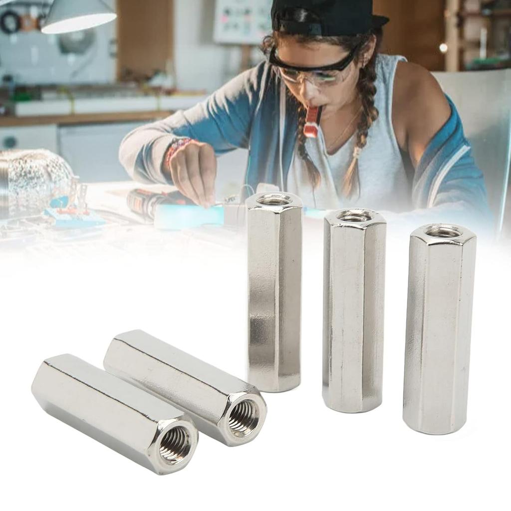 5 Pcs Hex Coupling Nut M10 X 1.5 Female Thread 17mm Outer Diameter 60mm Length Nuts Connector 304 Stainless Steel Silver Rod Coupling Nuts