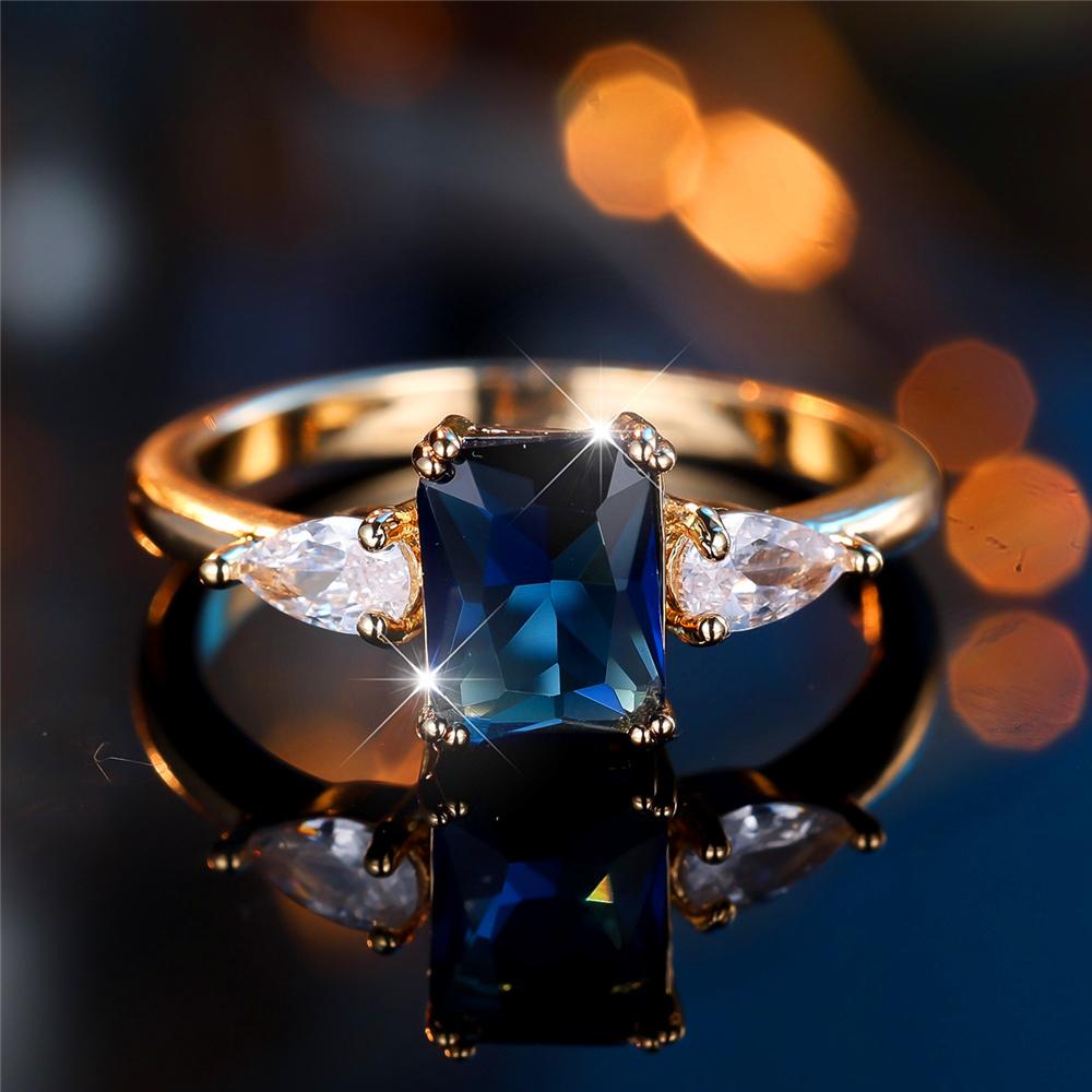 Trendy Blue Zircon Crystal Squarel Stone Vintage Gold Color Wedding Bands Engagement Rings For Wome
