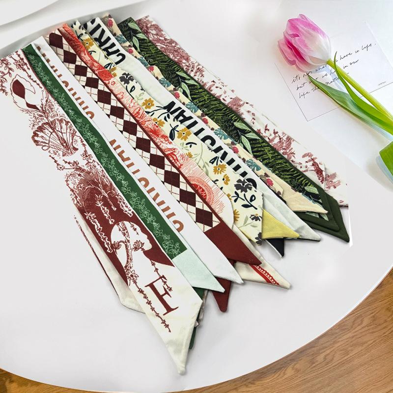 New Long Versatile Silk Scarf Tied Hair Band Bow Letter Floral Streamer Tied Bag Gift Small Silk Scarf