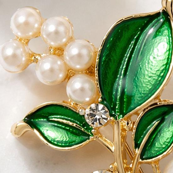 DYS Brooch Pin, Plant Shape Lapel Pin with Green Leaf Design, Imitation Pearl Rhinestone Combination Stable Buckle for Daily Commuting And Dress
