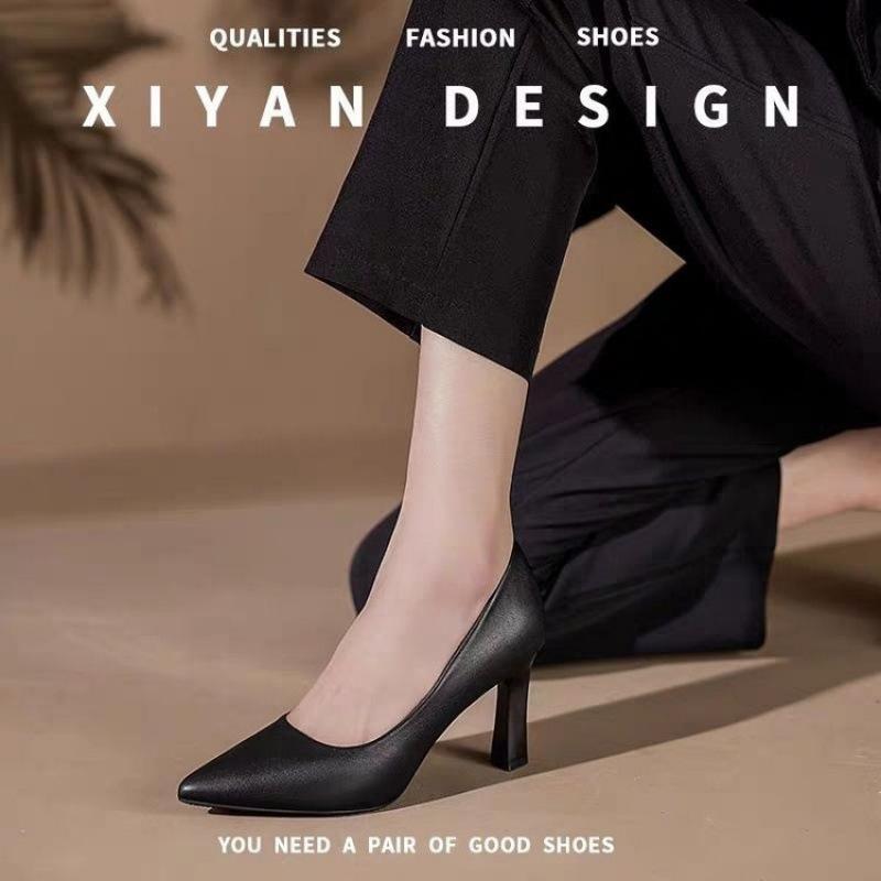 

Flight attendant high heels etiquette dress commuter professional work shoes interview soft sole not tired feet black small heel leather shoes women 41