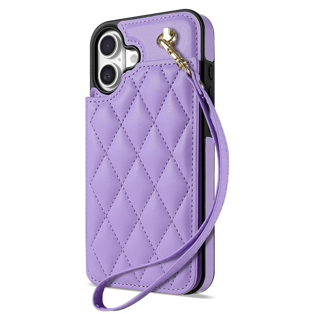 Plush Plaid Card Holder Phone Case for Apple 16 with Lanyard - Full Coverage, Luxury Style
