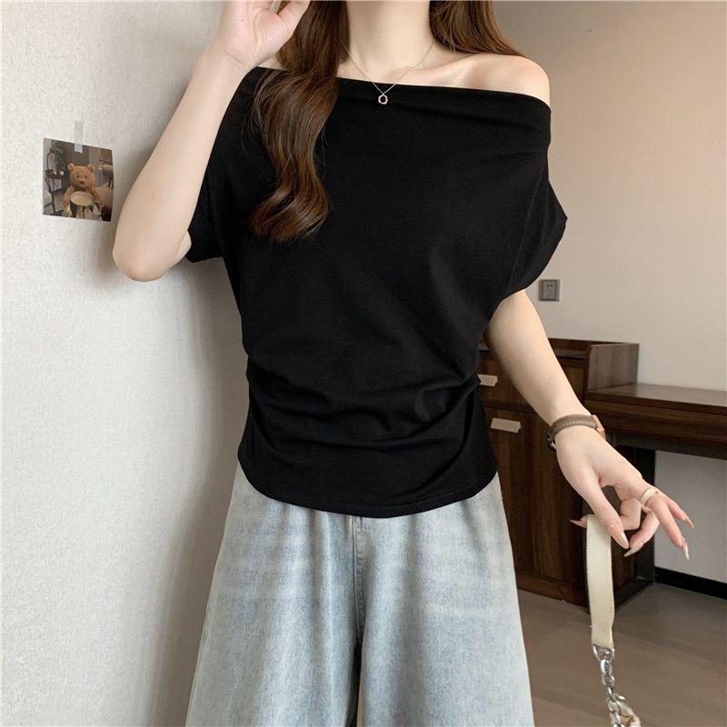 

Elegant One-Shoulder Waist-Cinching Slim Fit Short Sleeve Women s Top Small