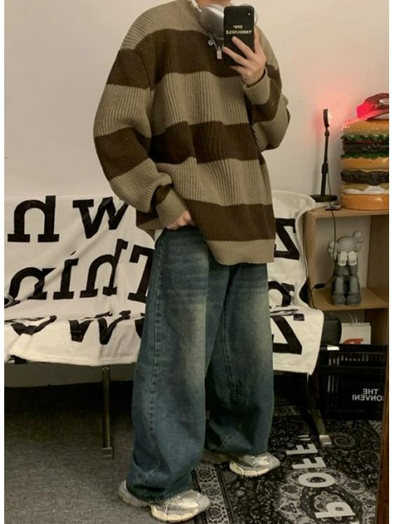 Pull rayé à col rond pour homme - Coupe ample, Tricot tendance Automne/Hiver