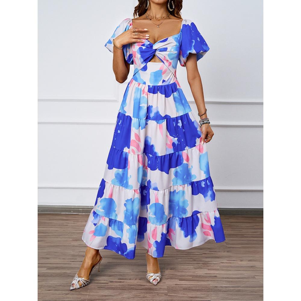Sommerkleid für Damen, elegant, mit Blumenmuster und ausgehöhlten Schultern