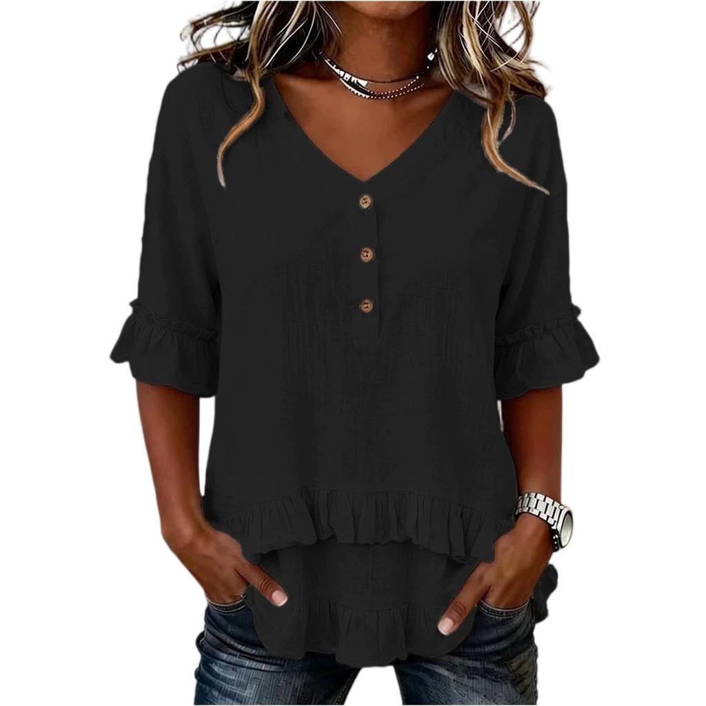 Damen locker geschnitten V-Ausschnitt Rüschensaum Knopfleiste Baumwolle Leinen Bluse Vintage Stil Halbarm Lässiger Pullover Oberteil Hemd