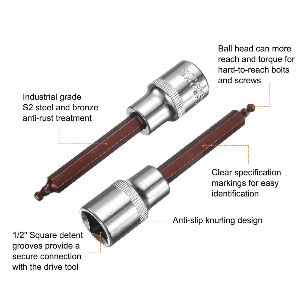 3pcs Ball End Hex Bit Socket 1/2" Square Drive Metric Extension Impact Bit Power Nut Driver Set Socket Ratchet Wrench Bit 4-12mm