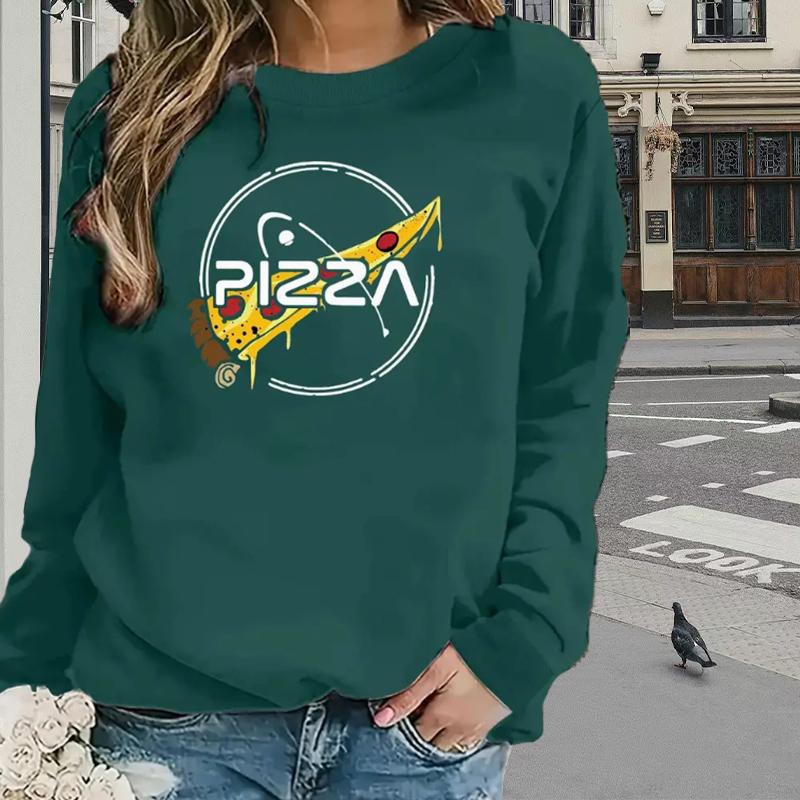 Hauts Pour Femmes T-shirt Simple à Manches Longues et Col Rond avec Imprimé Lettre Pizza Automne Décontracté Pull Slim Haut à Manches Longues pour Femmes