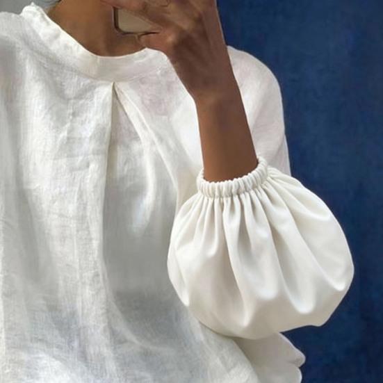 Dam Skjorta Rund Hals Puff Långa Ärmar Asymmetrisk Fåll Sidoknappar Lös Passform Casual Sommar Toppar Daglig Användning