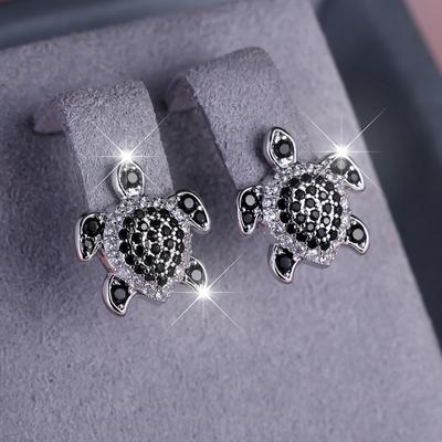 Cute Delicate Black Zircon Turtle Stud Earrings for Women Silver Color Vintage Wedding Jewelry