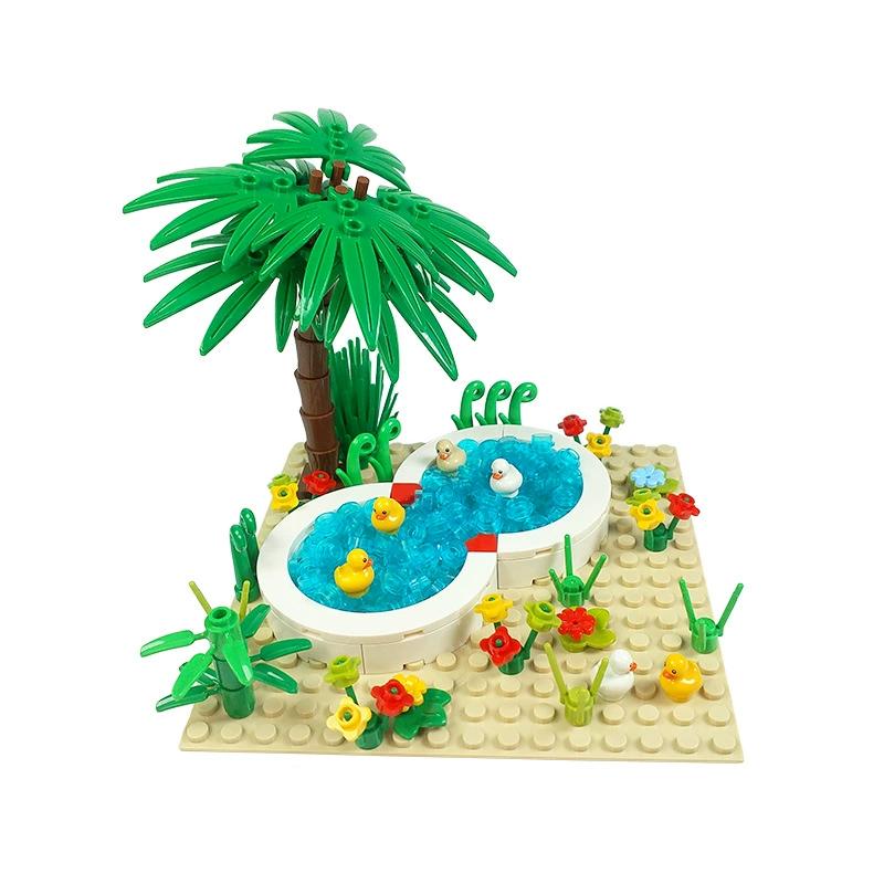 Ovly Yellow Duck Farm MOC Parts Set with Duck House Animals Duckling Duck Nest Duck Pool Coop DIY Building Block Kit