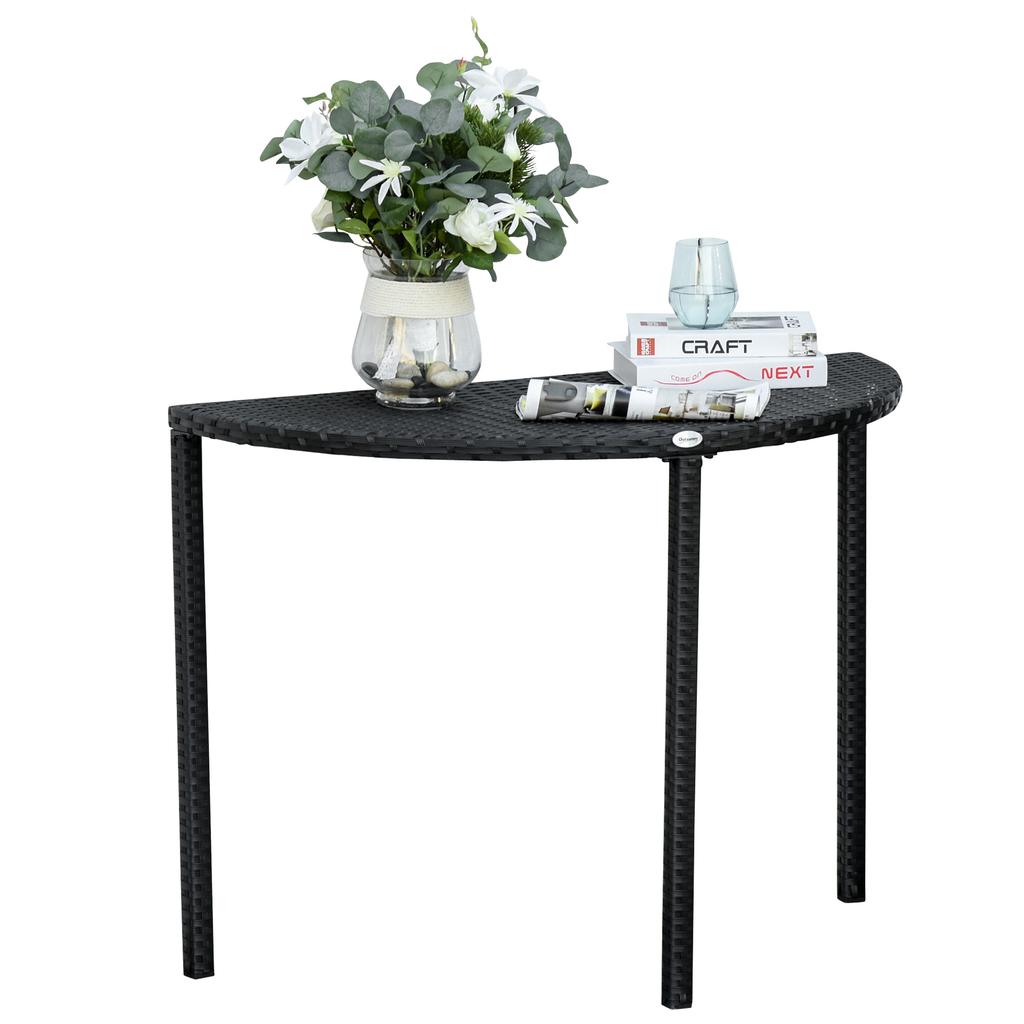 Balkontisch, Gartentisch, Gartenmöbel, Halbrund, Polyrattan, Metall, Schwarz, 100 x 50 x 74 cm
