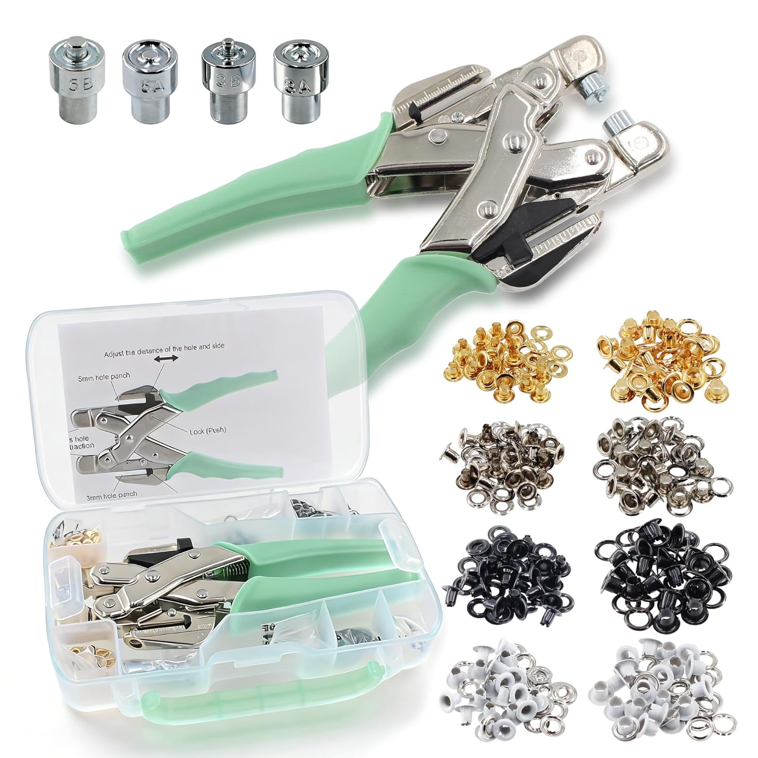 Набор щипцов для установки люверсов 3/16 1/8 Разные размеры Люверсы Пробойник для отверстий Щипцы с 160 шт. Металлических люверсов Прочный набор щипцов для люверсов и клепки зелёный