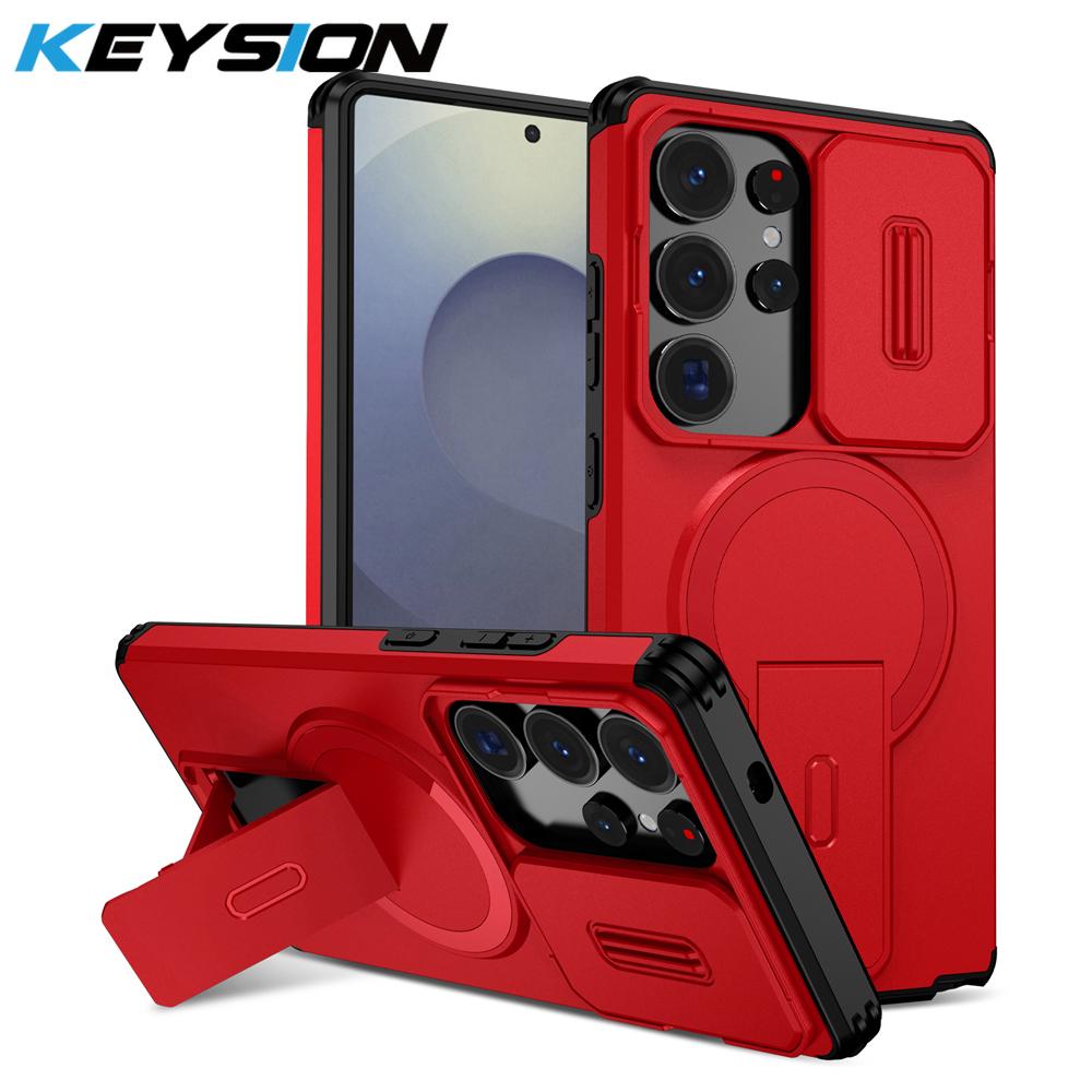 KEYSION Shockproof Magnetic Case for Samsung Galaxy S24 S25 Ultra S25+ S24 FE Slide Camera Protect Kickstand Wireless Charging Phone Cover
