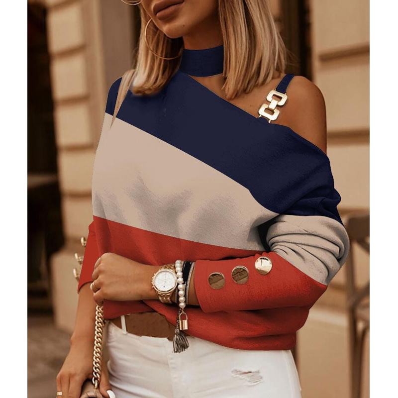 Damen Frühling Neue Mode Kontrast Farbe Diagonal Schulter Kette Hängenden Hals Print Top
