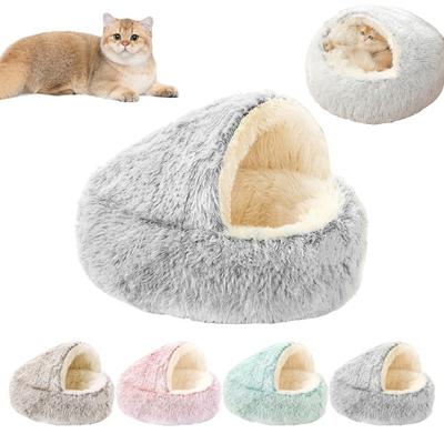Katzenplüschbett, Kunstfell, flauschig, mit Kapuze, beruhigendes Katzenbett, Höhle, für den Winter, gemütlich, rund, Haustiernest für Hauskatzen, kleine Hunde