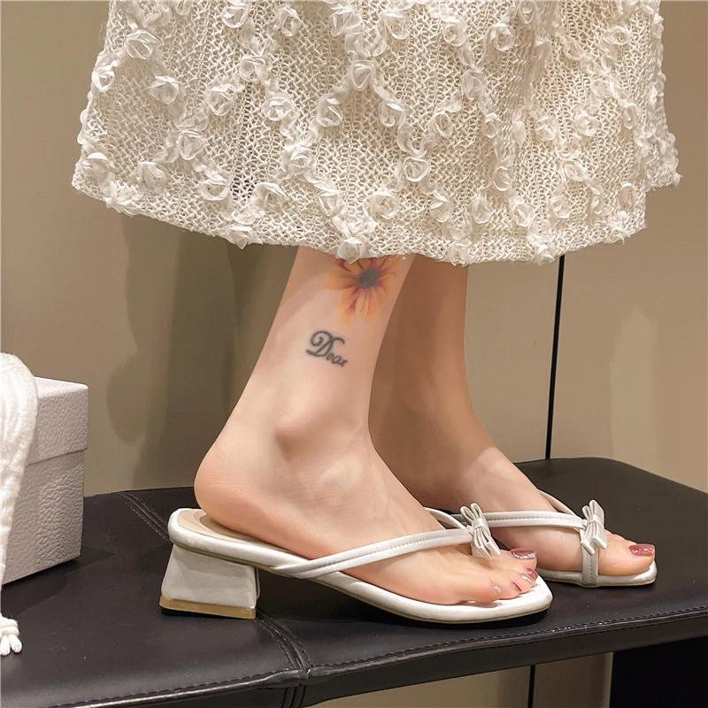 Fashion 2025 Summer Square Toe Slipper Bow Tie Elegant Thong Sandals for Women Mid-Heel with Dress Breathable Design Slippers Zapatos