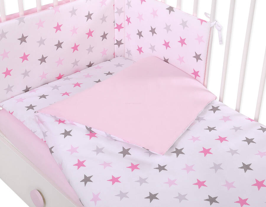 Double-sided 2-piece cotton children's bedding set - gray and pink stars