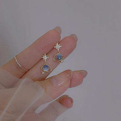 Exquisite Blue Cat'S Eye Stone Moon Planet Earrings For Women Girls  Simple Temperament Unique Earring Party Jewelry Gift