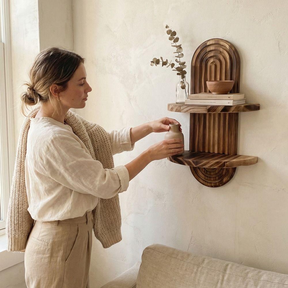 Ovales Gewinde Gebogenes Schweberegal Geometrisches Boho-Stil-Regal Holz-Wandregale Schlafzimmer