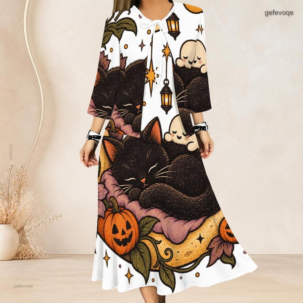 Women Plus Size Two Piece Dress Set Three Quarter Sleeve Halloween Panda Ghost Print Long Dress