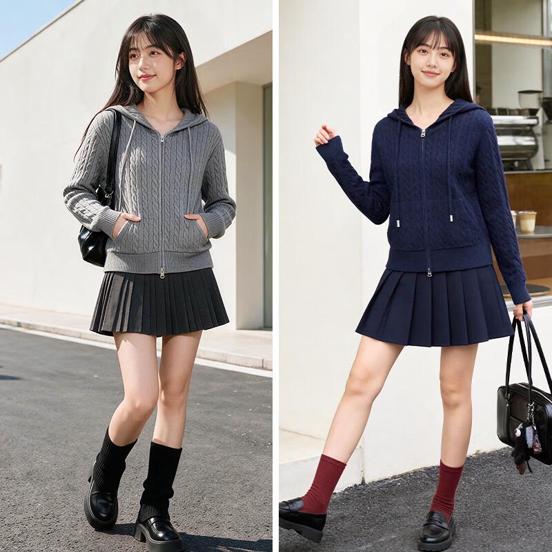 SPAO Women's Korean Style Cable Knit Zip-Up Hooded Cardigan
